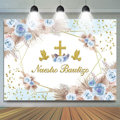 Toile de fond de baptême Blue Floral Dove Cross Mi Bautizo