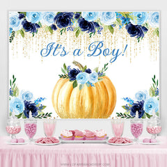 Toile de fond de douche de bébé citrouille paillettes or floral bleu