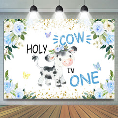 Toile de fond de joyeux 1er anniversaire de vache sacrée florale bleue