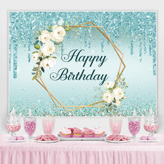 Paillettes bleues et toile de fond de fête joyeux anniversaire floral
