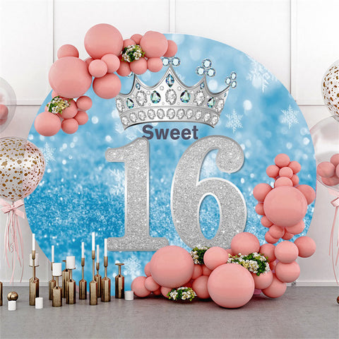 Toile de fond ronde 16e anniversaire bleu argent bokeh scintillant Toile de fond ronde 16e anniversaire bleu argent bokeh scintillant