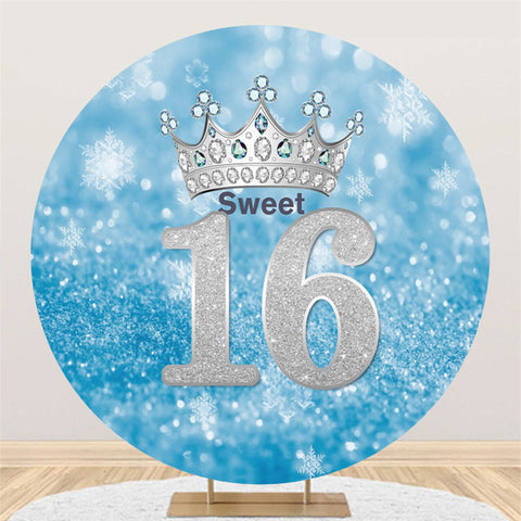 Toile de fond ronde 16e anniversaire bleu argent bokeh scintillant Toile de fond ronde 16e anniversaire bleu argent bokeh scintillant