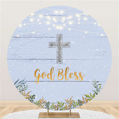 Toile de fond de douche de bébé Blue Wood Silver Glitter God Bless