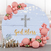 Toile de fond de douche de bébé Blue Wood Silver Glitter God Bless
