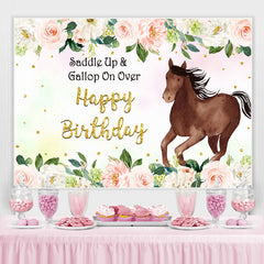 Cheval brun rose rose joyeux anniversaire toile de fond pour fille