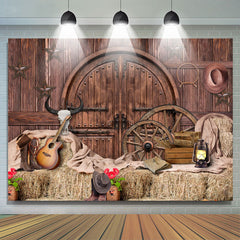 Toile de fond de fête d'anniversaire de cow-boy en bois marron et occidental