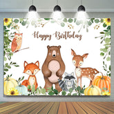 Animaux Dessin Animé Joyeux Anniversaire Avec Feuilles Vertes Sur Fond Citrouille