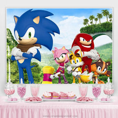 Toile de fond d'anniversaire de paysage de montagne de palmier de personnage de dessin animé