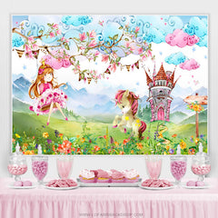Toile de fond florale de fête d'anniversaire de cheval de bande dessinée pour la fille