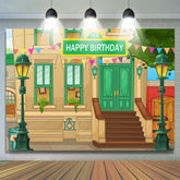 Maison de dessin animé et toile de fond de joyeux anniversaire de lampe verte