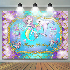 Dessin animé sirène dauphin joyeux anniversaire toile de fond