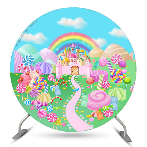 Chateau arc-en-ciel Candyland toile de fond ronde pour la fête Chateau arc-en-ciel Candyland toile de fond ronde pour la fête