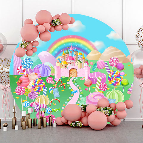 Chateau arc-en-ciel Candyland toile de fond ronde pour la fête Chateau arc-en-ciel Candyland toile de fond ronde pour la fête