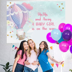 Chat dans la toile de fond de douche de bébé rose ballon à air chaud