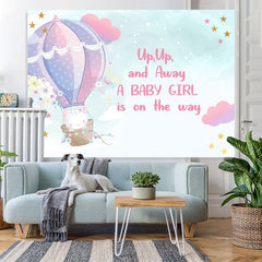 Chat dans la toile de fond de douche de bébé rose ballon à air chaud