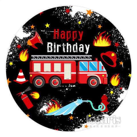 Toile de fond noire de fête d'anniversaire de camion de pompiers rouge de cercle pour le garçon Toile de fond noire de fête d'anniversaire de camion de pompiers rouge de cercle pour le garçon