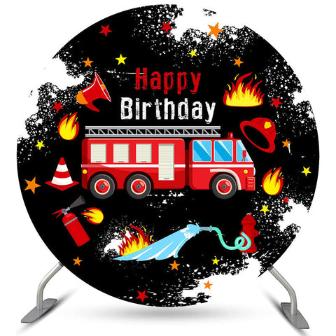 Toile de fond noire de fête d'anniversaire de camion de pompiers rouge de cercle pour le garçon Toile de fond noire de fête d'anniversaire de camion de pompiers rouge de cercle pour le garçon