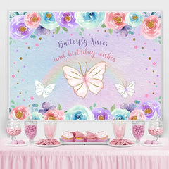 Toile de fond d'anniversaire arc-en-ciel violet papillon rose couleur