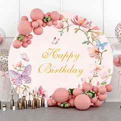 Toile de fond d'anniversaire rose floral papillons colorés