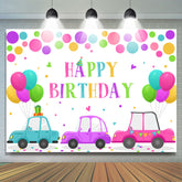 Toile de fond de joyeux anniversaire de voiture de points et de ballons colorés