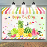 Toile de Fond de joyeux anniversaire de perroquet de magasin de fruits colorés