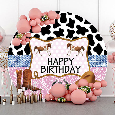 Couverture de toile de fond ronde de joyeux anniversaire de cheval de cow-boy Couverture de toile de fond ronde de joyeux anniversaire de cheval de cow-boy