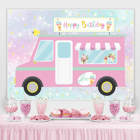Toile de fond de joyeux anniversaire de camion de crème glacée mignon et rose Toile de fond de joyeux anniversaire de camion de crème glacée mignon et rose