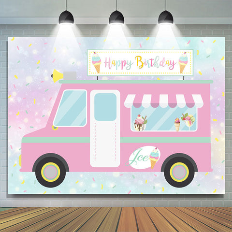 Toile de fond de joyeux anniversaire de camion de crème glacée mignon et rose Toile de fond de joyeux anniversaire de camion de crème glacée mignon et rose