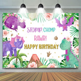 Toile de fond de joyeux anniversaire de dinosaure mignon Stomp Chomp Rawr