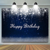 Toile de fond de fête de douche de bébé bleu foncé et argent bokeh