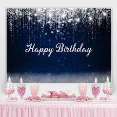 Toile de fond de fête de douche de bébé bleu foncé et argent bokeh