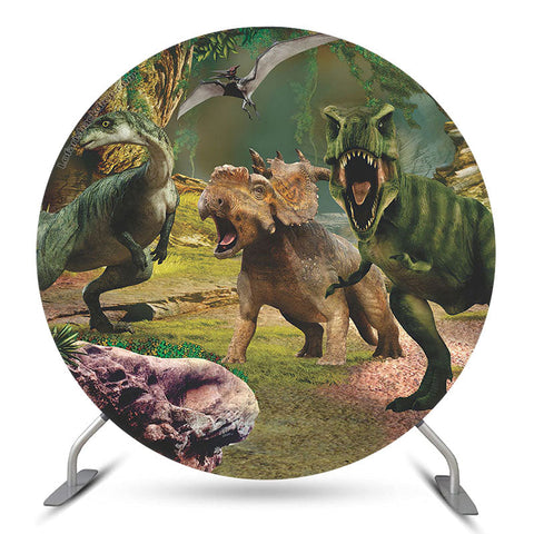Parc de dinosaures pour couverture de toile de fond de fête ronde pour garçons Parc de dinosaures pour couverture de toile de fond de fête ronde pour garçons