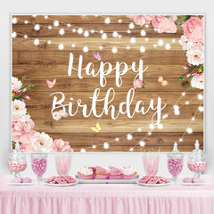 élégante toile de fond de joyeux anniversaire floral rose en bois
