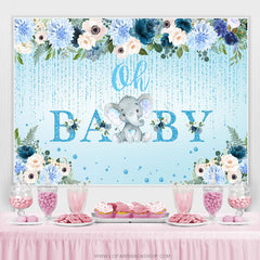 Éléphant et fleur Glitter Blue Baby Shower Backdorp
