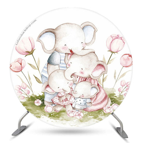Toile de fond ronde de fête d'anniversaire d'enfants floraux d'éléphant Toile de fond ronde de fête d'anniversaire d'enfants floraux d'éléphant