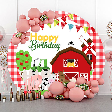Fond d'anniversaire rond en treillis rouge d'animaux de ferme Fond d'anniversaire rond en treillis rouge d'animaux de ferme
