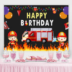 Toile de fond de joyeux anniversaire de ballon de camion de pompier pour garçon