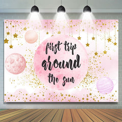 Premier voyage autour de la toile de fond d'anniversaire en or rose du soleil