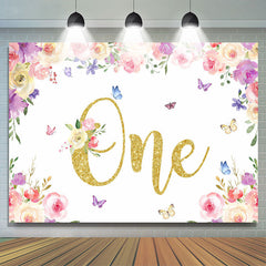 Toile de fond d'un anniversaire à paillettes florales et papillons