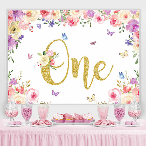 Toile de fond d'un anniversaire à paillettes florales et papillons Toile de fond d'un anniversaire à paillettes florales et papillons