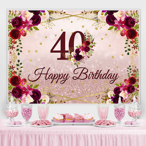 Toile de fond joyeux 40e anniversaire à paillettes florales et roses Toile de fond joyeux 40e anniversaire à paillettes florales et roses