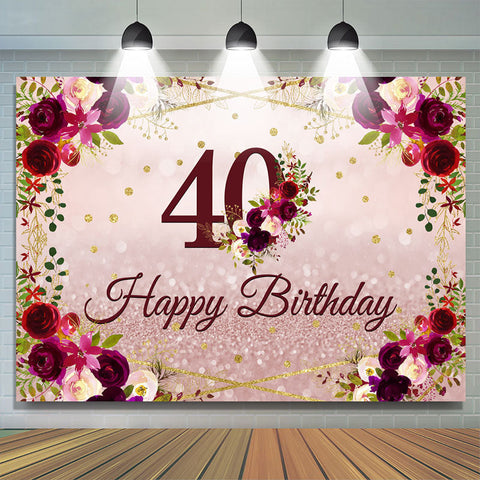 Toile de fond joyeux 40e anniversaire à paillettes florales et roses Toile de fond joyeux 40e anniversaire à paillettes florales et roses