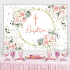Toile de fond florale bébé rose croix baptême pour les filles