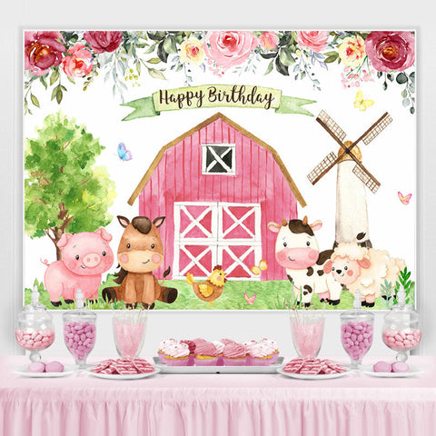 Ferme florale avec toile de fond joyeux anniversaire animaux mignons Ferme florale avec toile de fond joyeux anniversaire animaux mignons