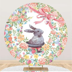 Fleurs florales, nœud rose, lapin gris, arrière-plan rond pour fête