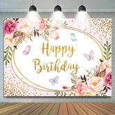 Toile de fond floral rose et or Bots joyeux anniversaire