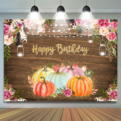 Citrouilles Florales Joyeux Anniversaire Lumières Toile de Fond de Fête en Bois pour Enfants