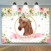 Fleurs roses papillon cheval joyeux anniversaire toile de fond