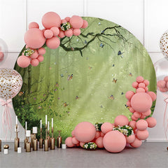Foggy Forest – arrière-plan rond vert à paillettes, papillon, pour fête