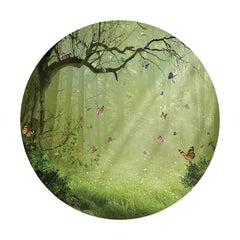 Foggy Forest – arrière-plan rond vert à paillettes, papillon, pour fête